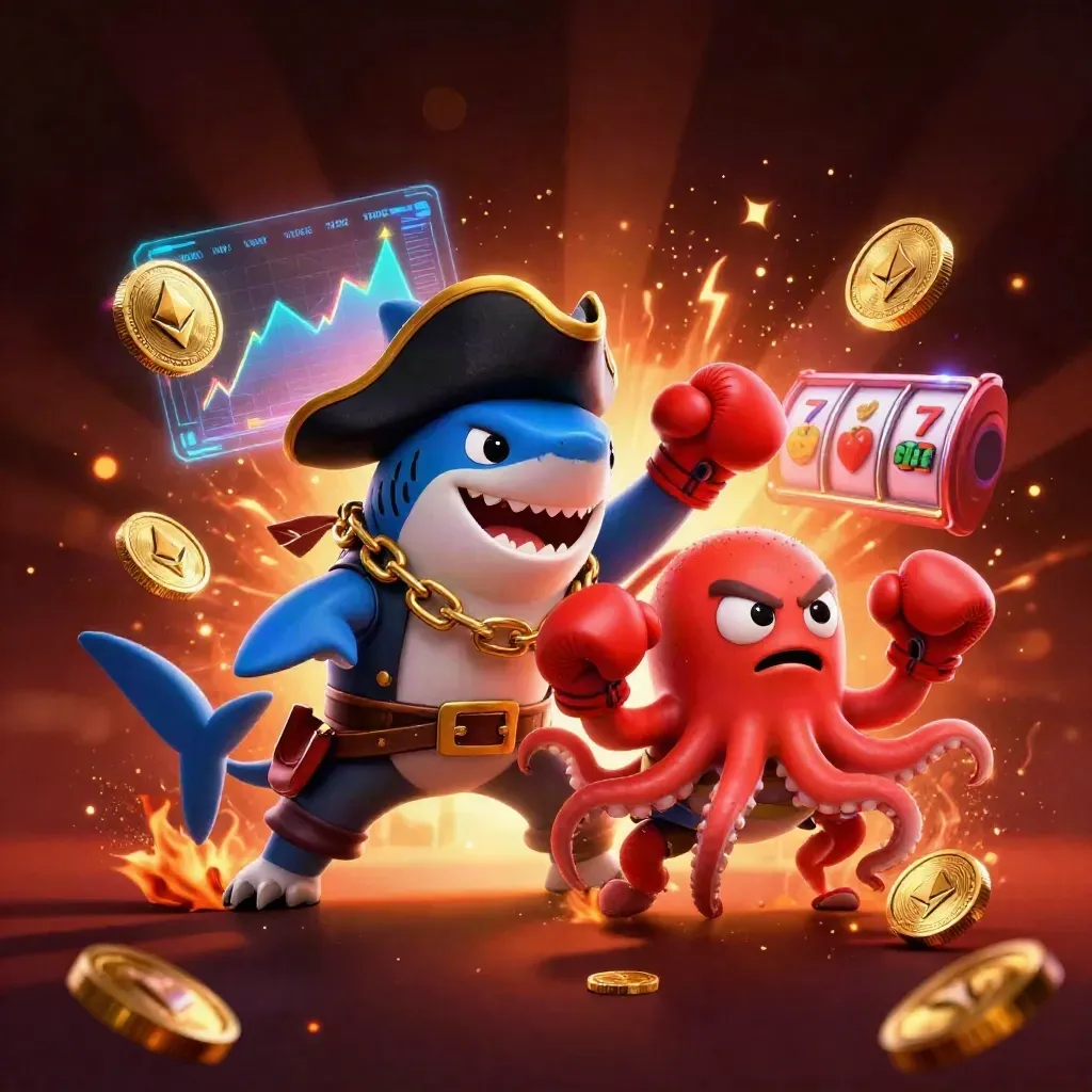 Shark-piraat, boze kogelvis en baby-octopus met coins in gouden casinogloed.
