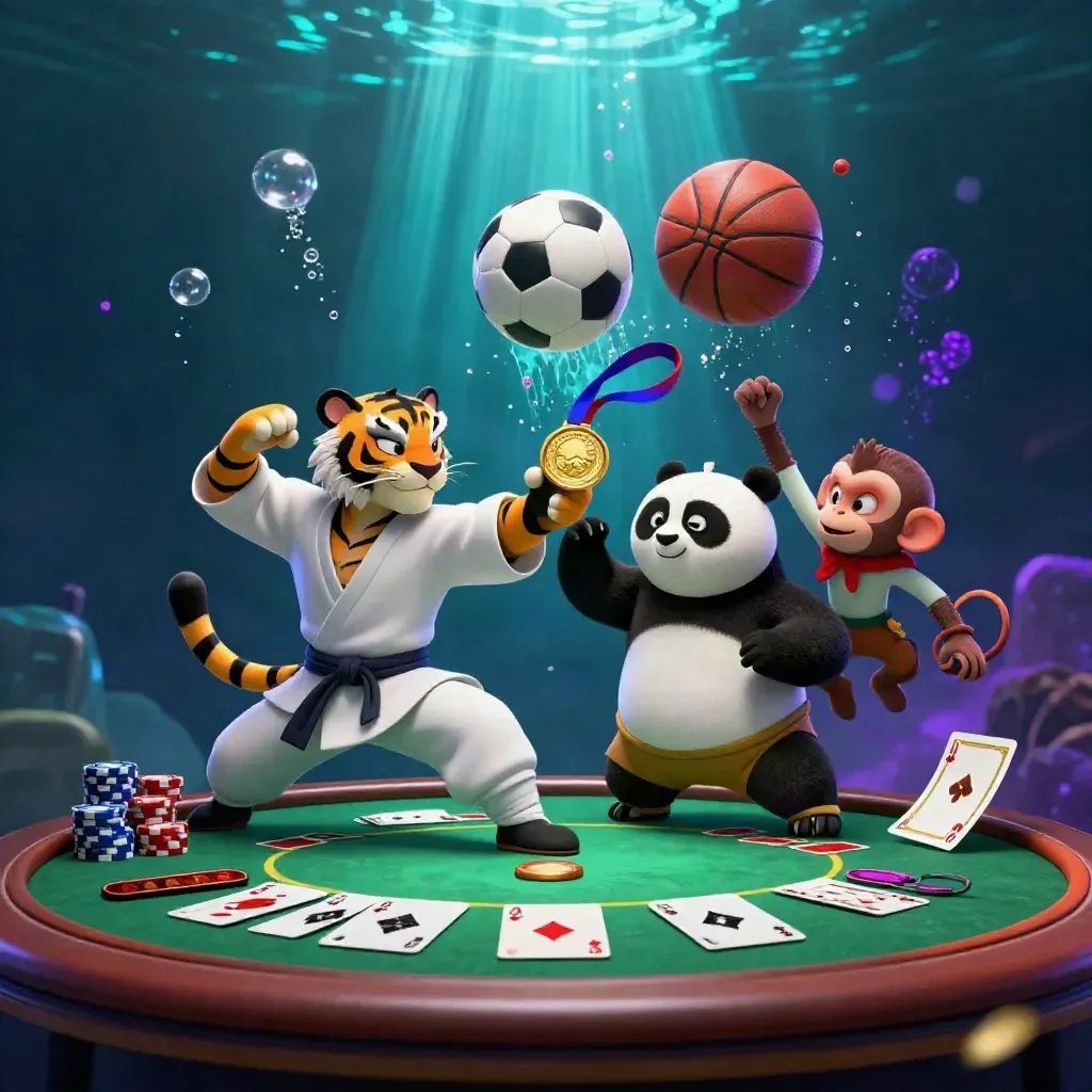 Kungfu tijger, panda en aap met poker en sportballen in onderwaterglans
