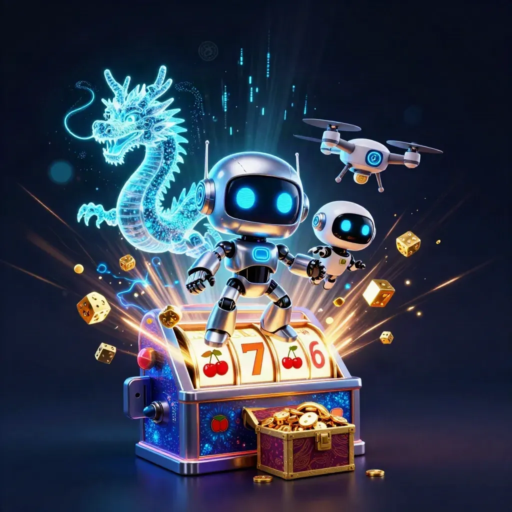 Cyberpunk robot, holografische draak en drone naast open slotmachine met goud en neonblauw.