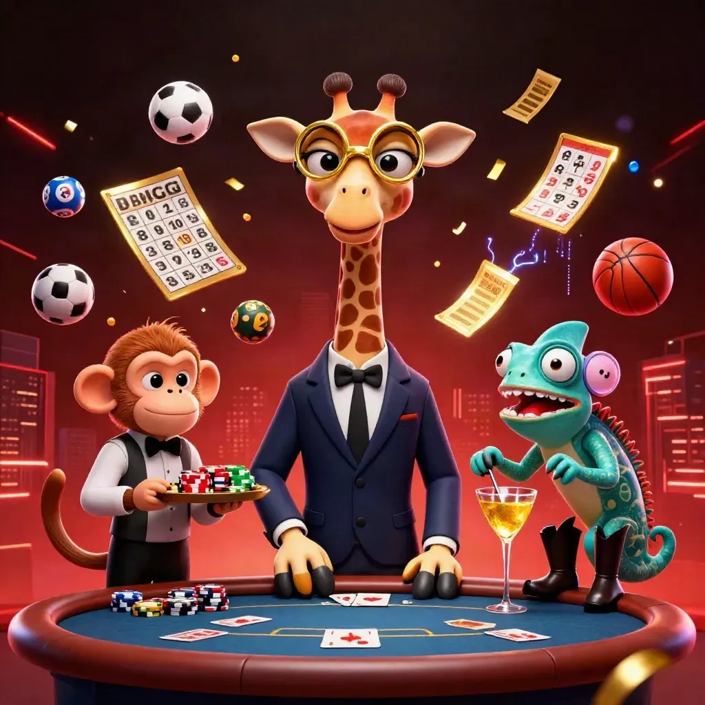 Giraffe, aap en kameleon aan pokertafel met sportballen, jackpotlichten en neon casino-effecten