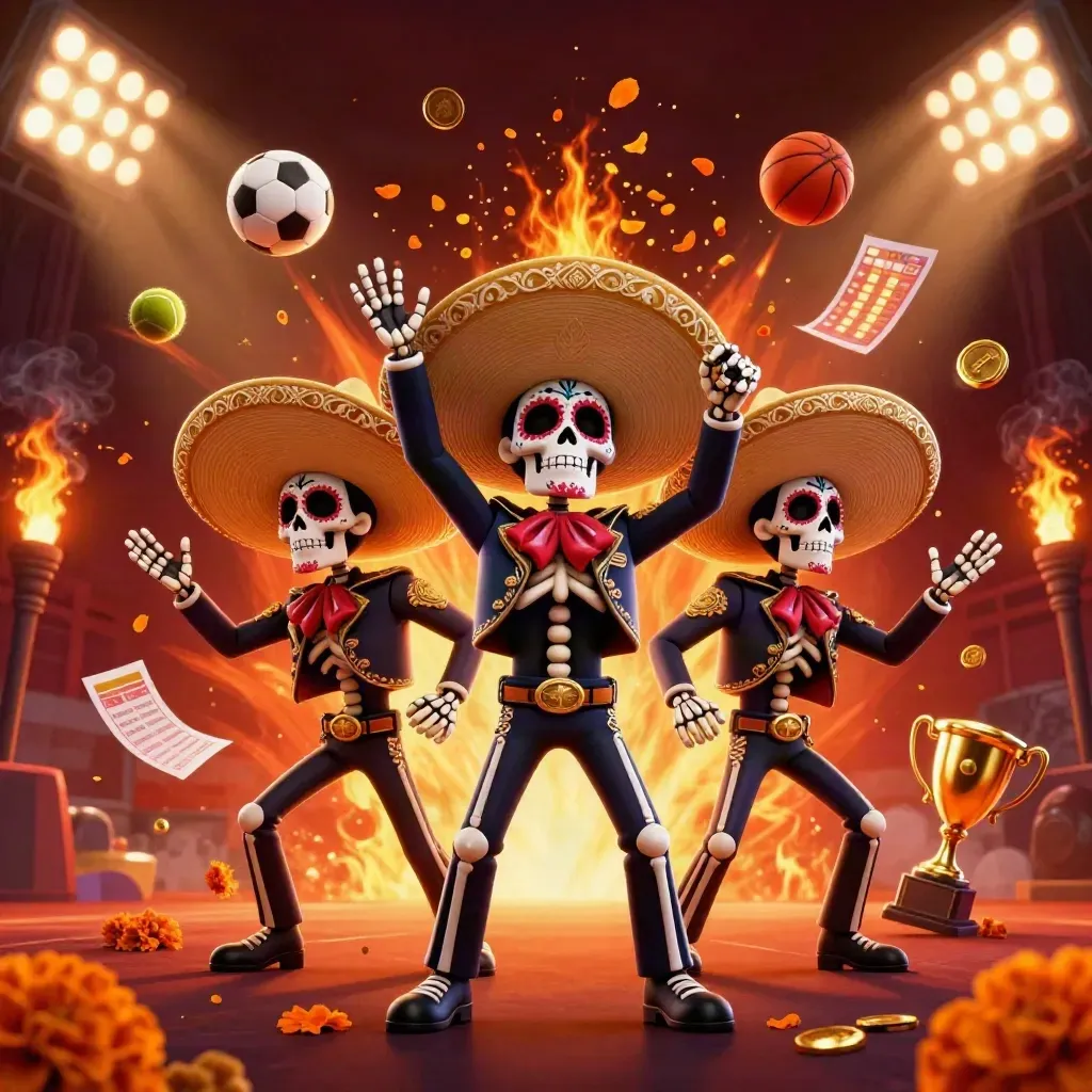 Drie mariachi-skeletten, sportballen en goud in vurige casinoverlichting.