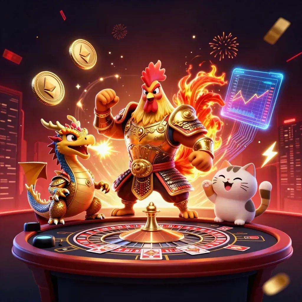 Drie casino-helden in gouden actie met neonmunten, roulette en vurige magie.