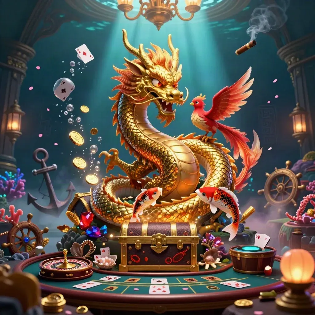 Gouden draak met rode phoenix en koi in een luxe onderwatercasino vol goud en licht.