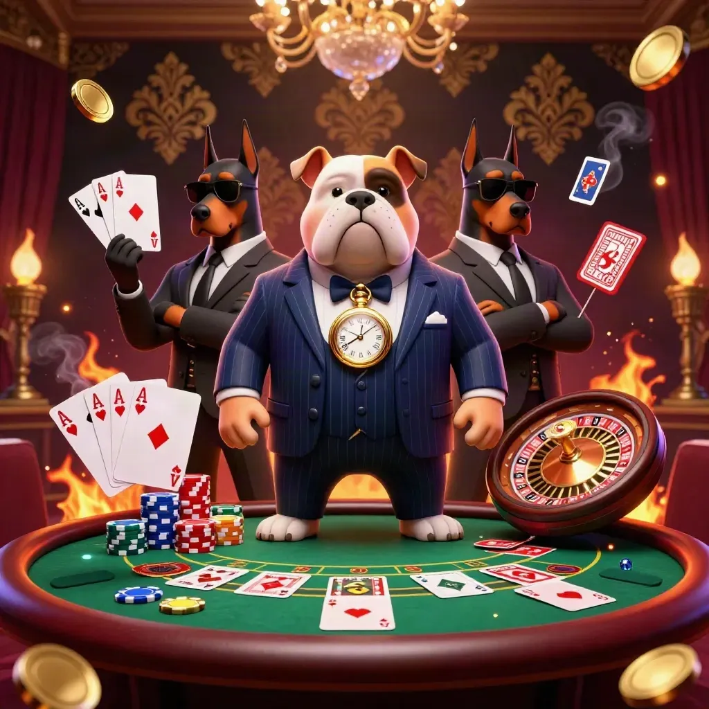 Maffiabulldog en dobermanns in een luxe casino met poker, fiches en roulette.
