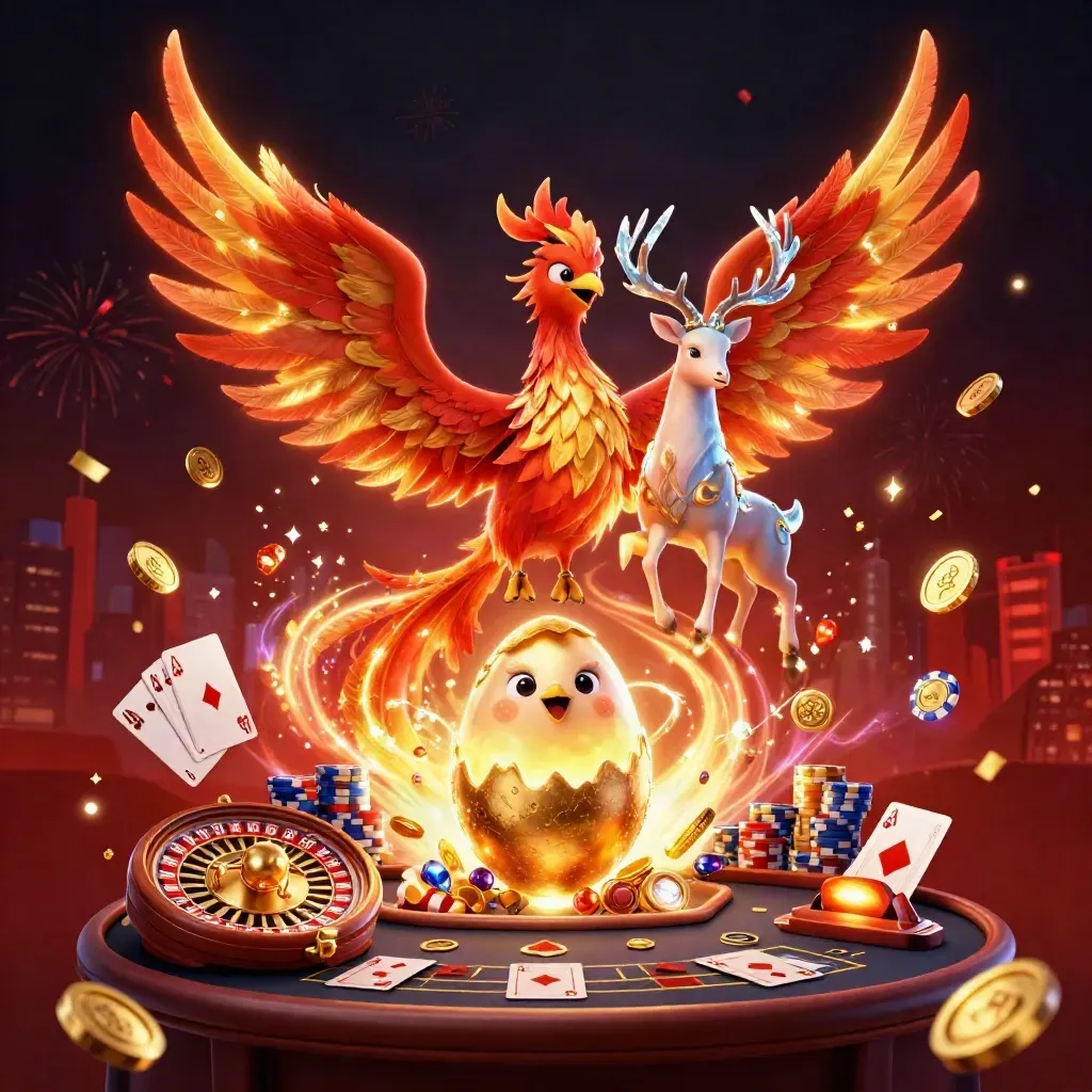 Vuurfeniks, babypfeniks en kristallen hert in luxe casino-scène met gouden munten en licht.