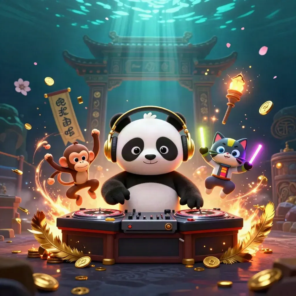 DJ-panda, breakdancende aap en glow-stick kitten in luxe casinojungle met goud, vuur en neon