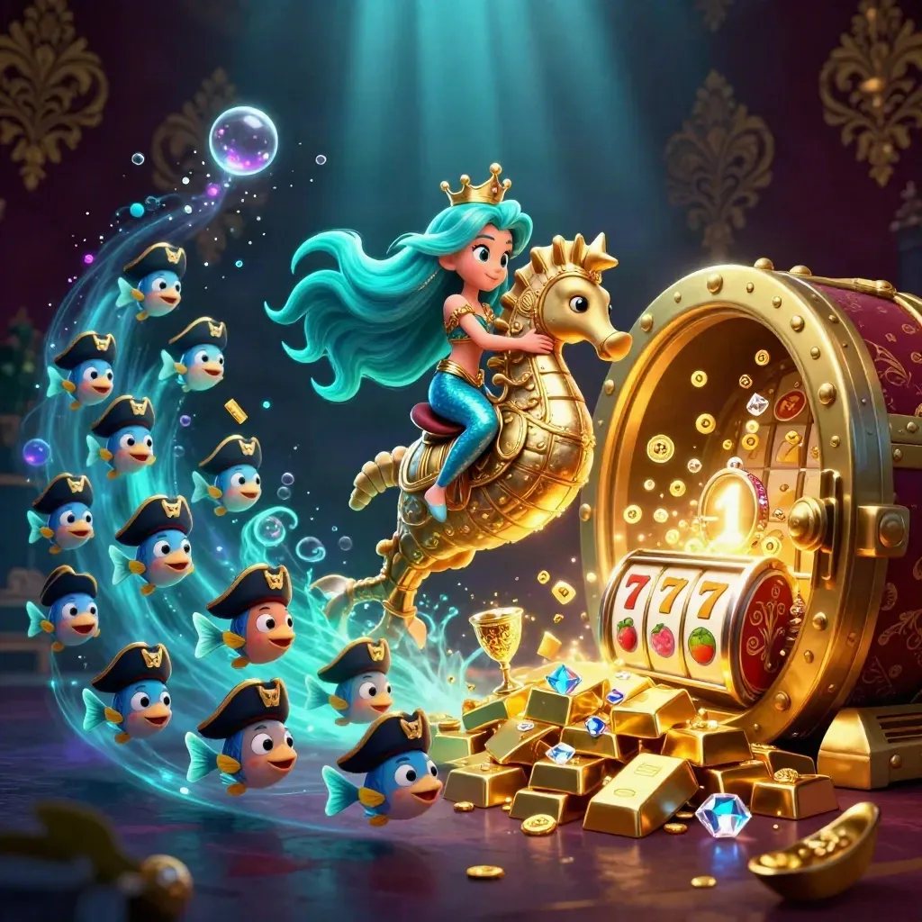 Mermeidprinses op gouden zeepaard met schatkist, goud en neon-bubbels in luxe casinostijl