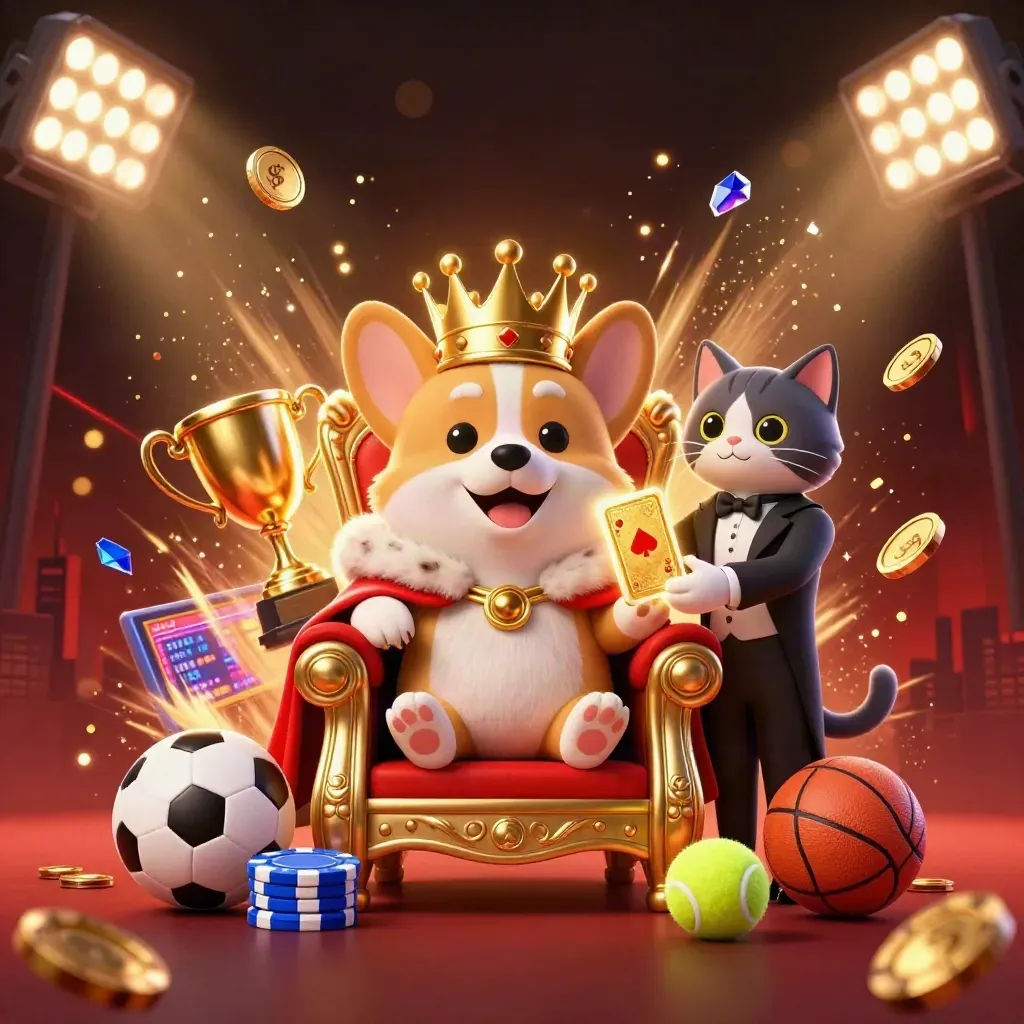 Koninklijke corgi en kattenbutler op munten, met sportballen, trofee en gouden sprankels.