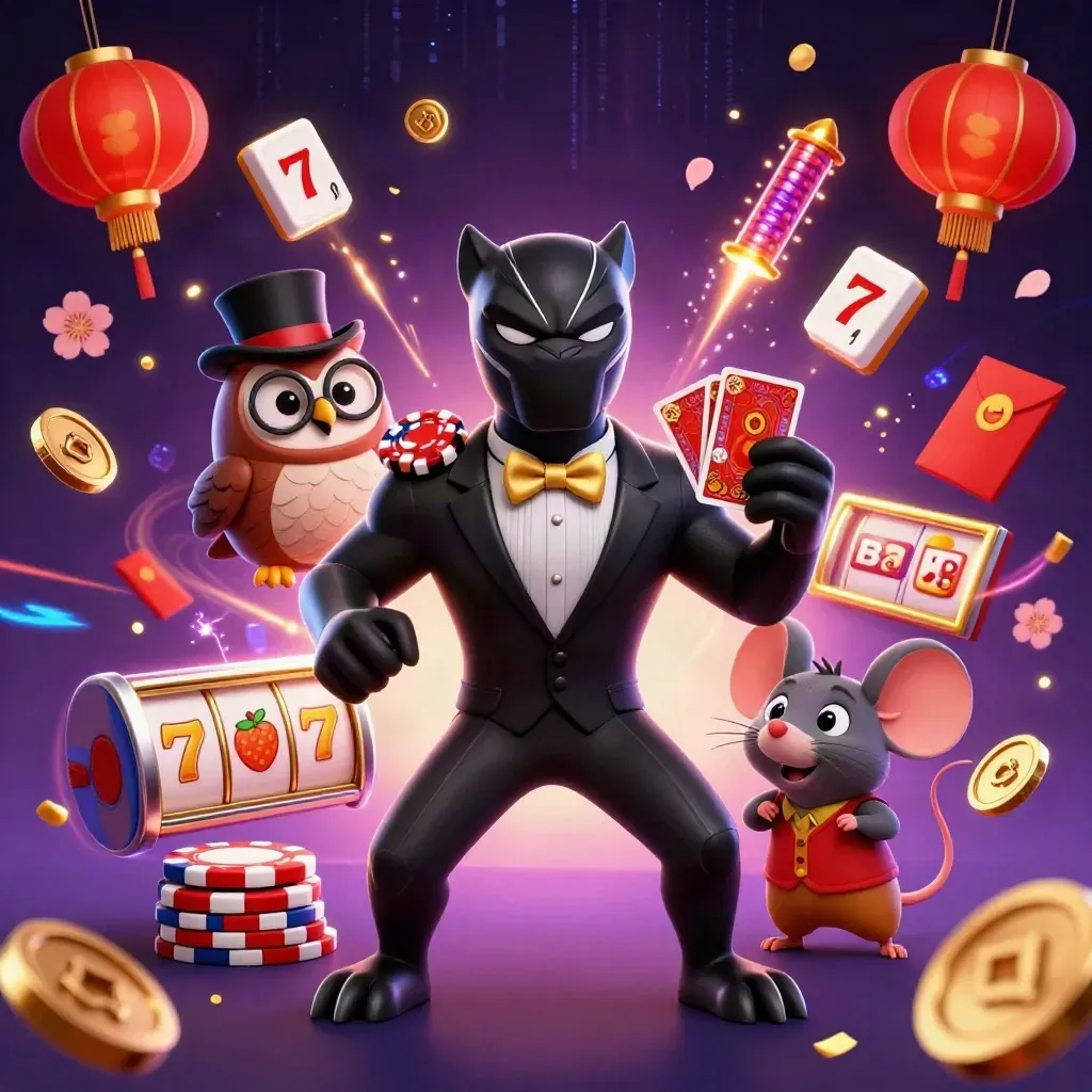 Panter, uil en muis in luxe casinoactie met gouden munten en neonenergie.