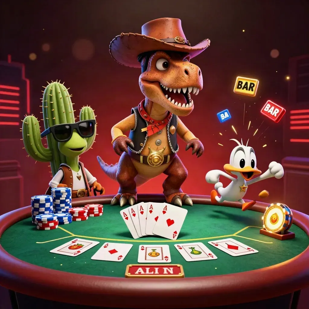 Cowboy T-rex, cactus en roadrunner bij pokertafel met chips en rode neonachtergrond