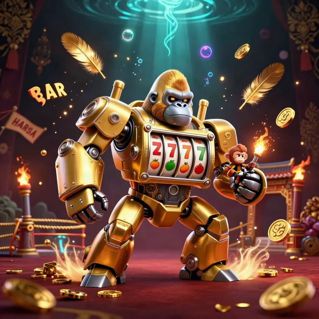 Gouden gorillamecha met aap-piloot tussen muntregen, jackpotglans en tempeldecor.