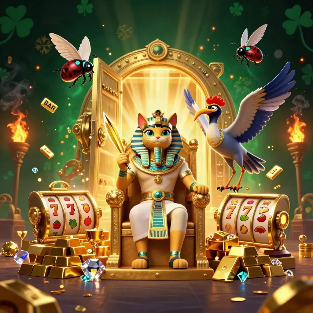 Gouden pharaokat, ibis en scarabeeën rond open kluis vol munten en neon vuurwerk.