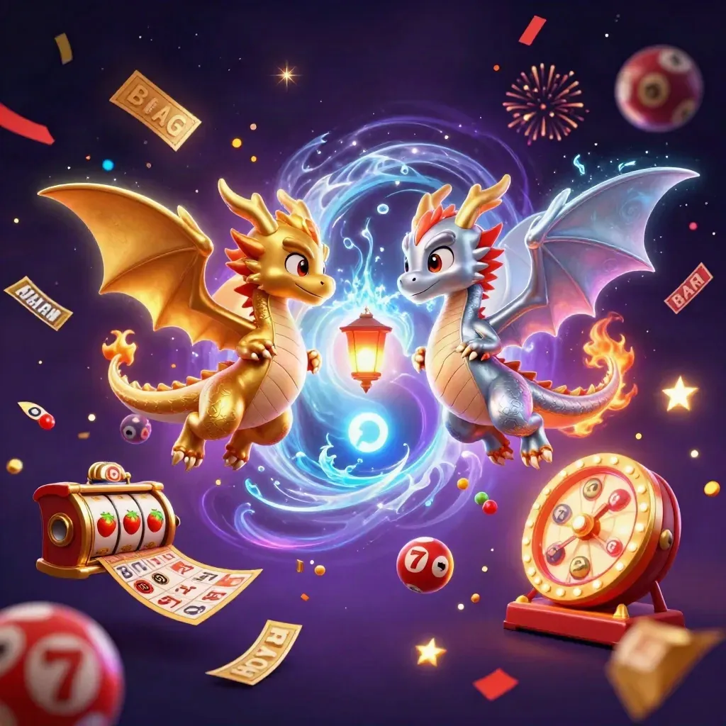 Twee draken in goud en zilver met jackpot-effecten, ballen, munten en vuurwerk