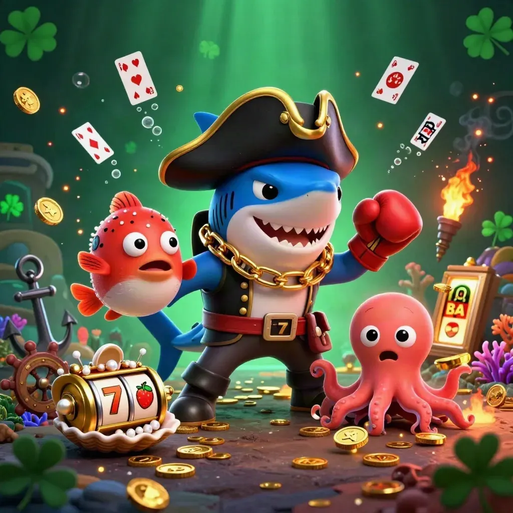 Piraat-haai, bokspuffer en baby-octopus tussen goud, koraal en jackpot-symbolen in een donkere zeegrot.