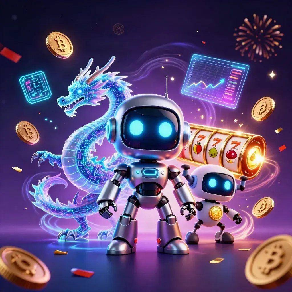 Cyberpunk robot met holografische draak en muntdrone, omringd door jackpotenergie en neonmunten.