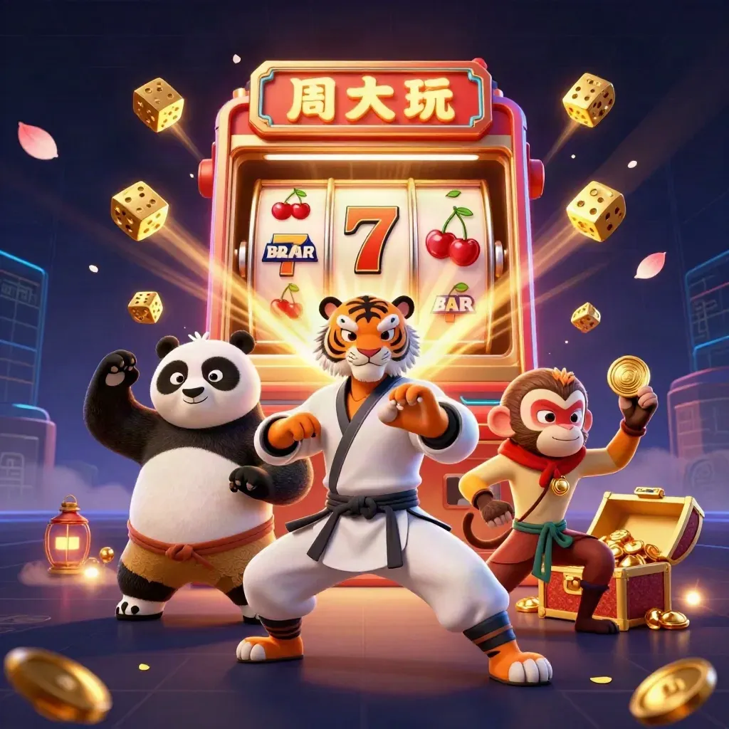 Kungfu tijger, panda en aap bij een openbarstende slotmachine met goud en licht