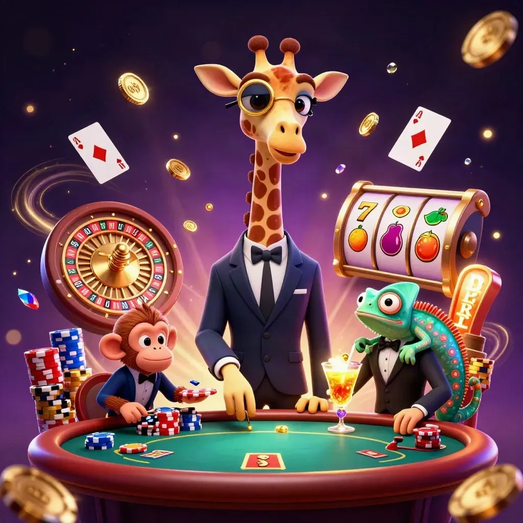 Giraffe, aap en kameleon aan een VIP-pokertafel met gouden munten en fiches.