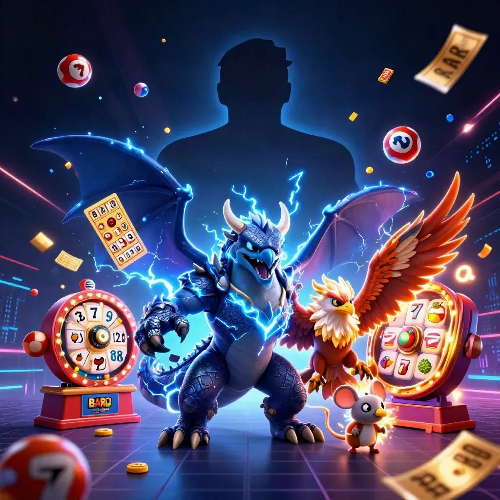 Drie neon-dieren met jackpot-effecten en speelrollen in een donker casinolandschap.